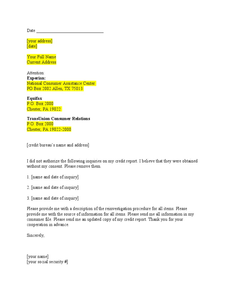 Credit Bureau Dispute Letter UNQUIRIES | PDF