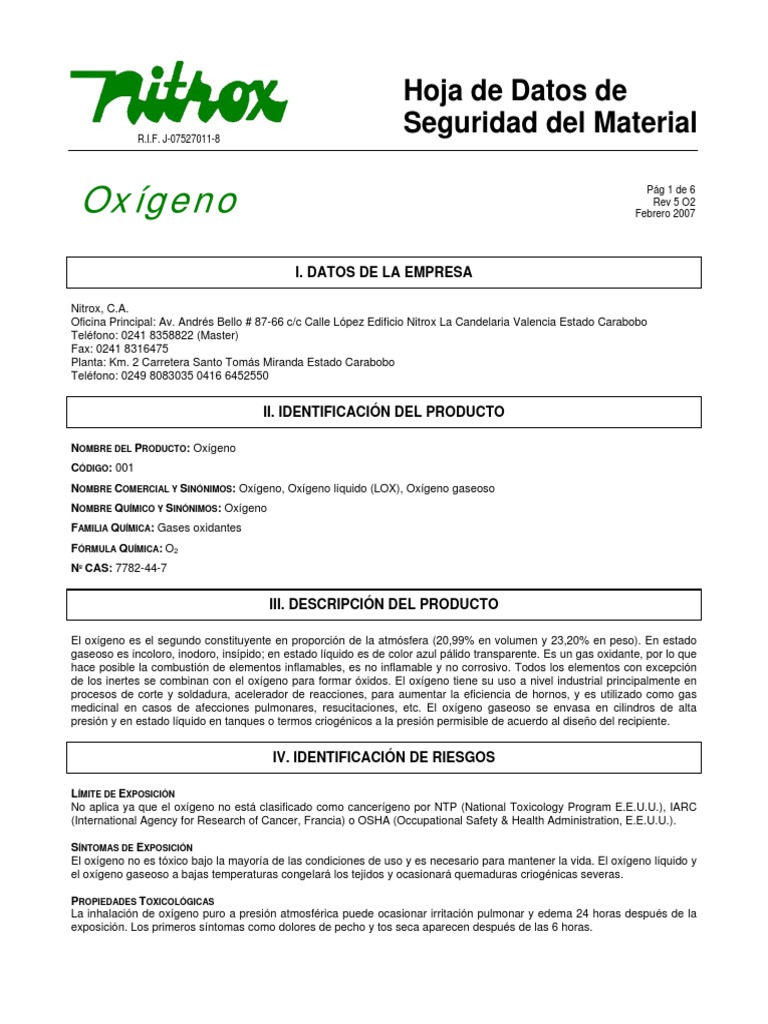 Hoja de Seguridad Nitrox Oxigeno | PDF | Oxígeno | Gases