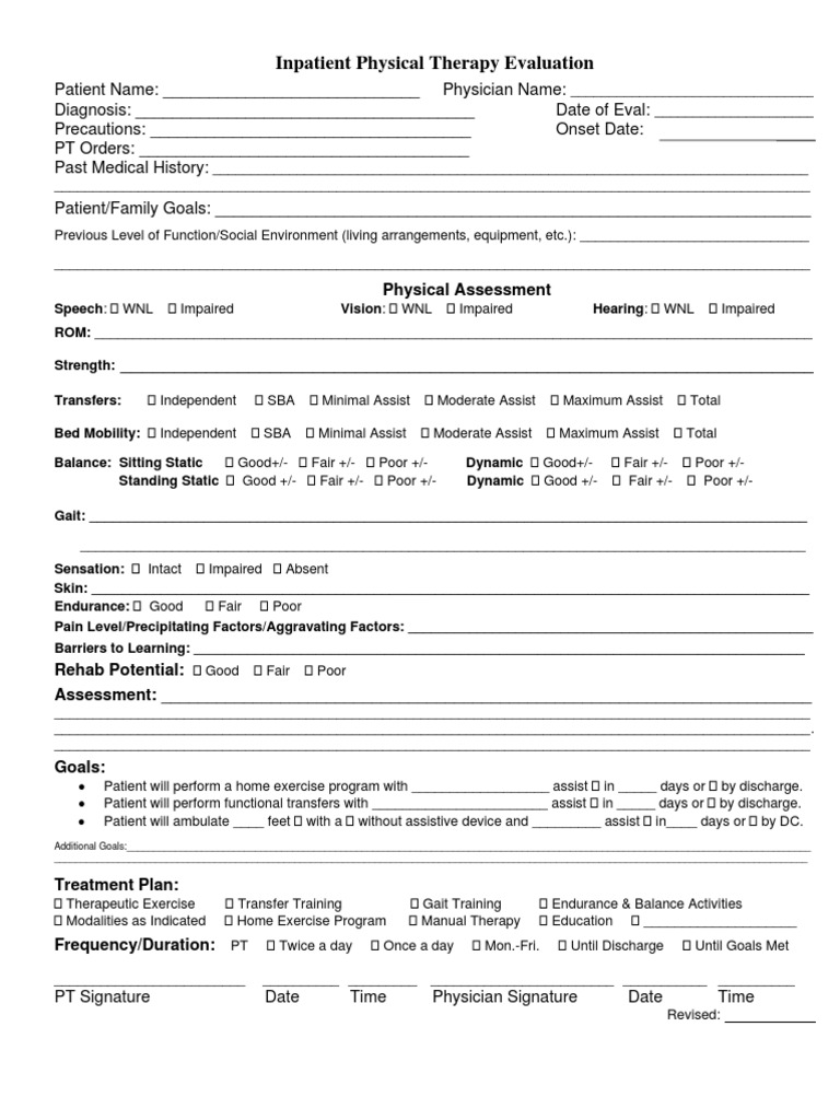 Bsc Pt - Inpatient Pt Evaluation Form | Physical Therapy | Disability