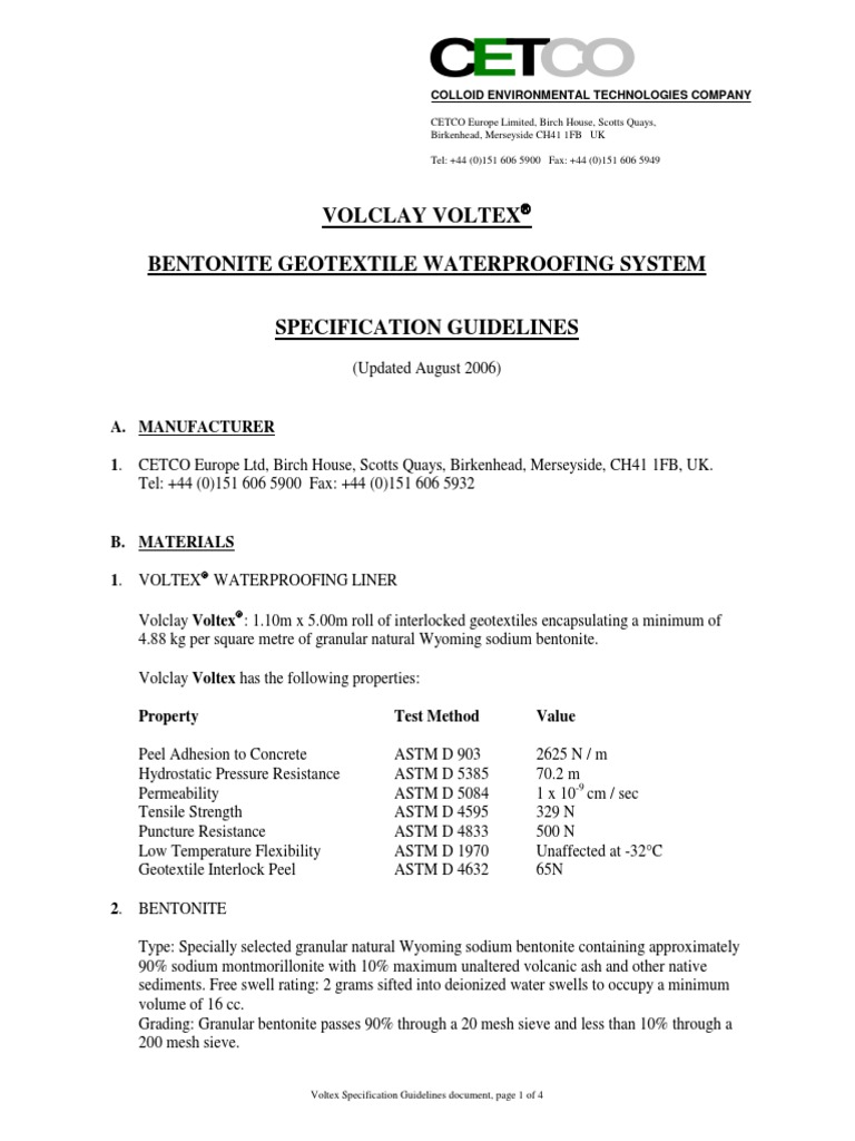 Volclay Voltex Bentonite Geotextile Waterproofing System Specification ...