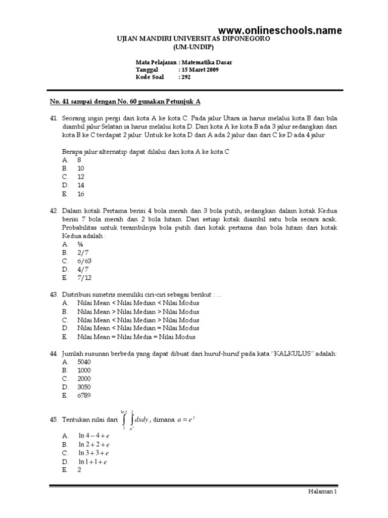 Soal Um Undip 2009 Matematika Dasar Kode Soal 292