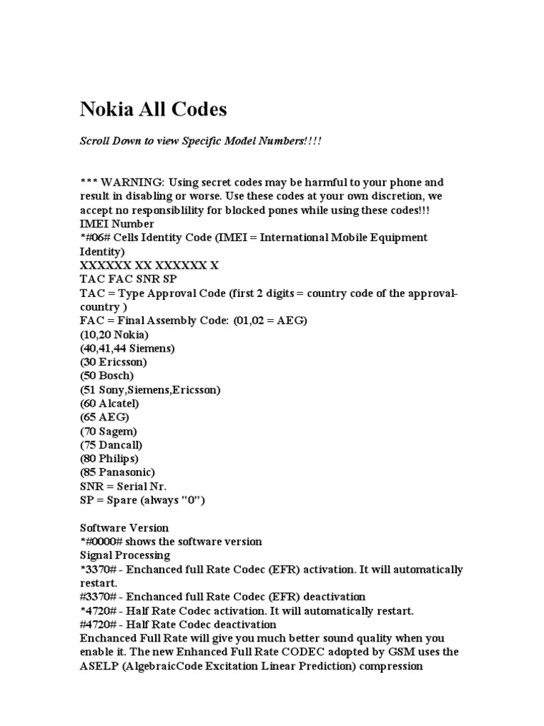 Nokia All Codes: Scroll Down To View Specific Model Numbers!!!! | PDF