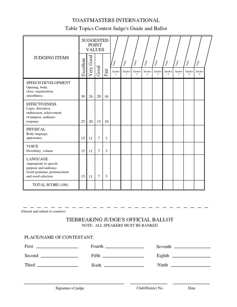 Table Topics Tiebreaker Judging Form | PDF