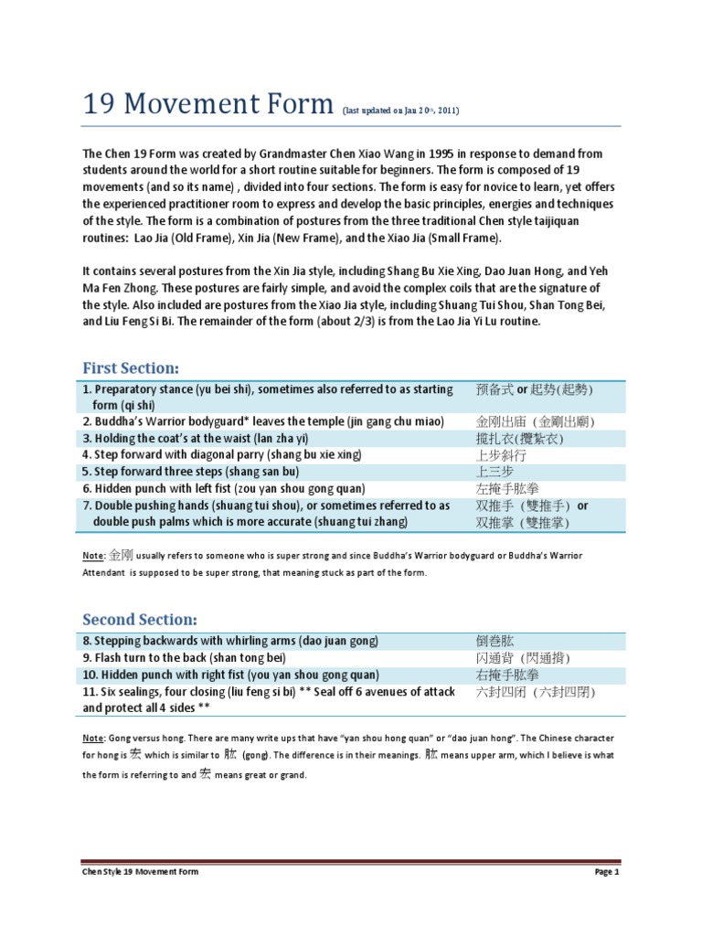 19 Movement Form - Chen Style Taijiquan | PDF | Foot | Hand