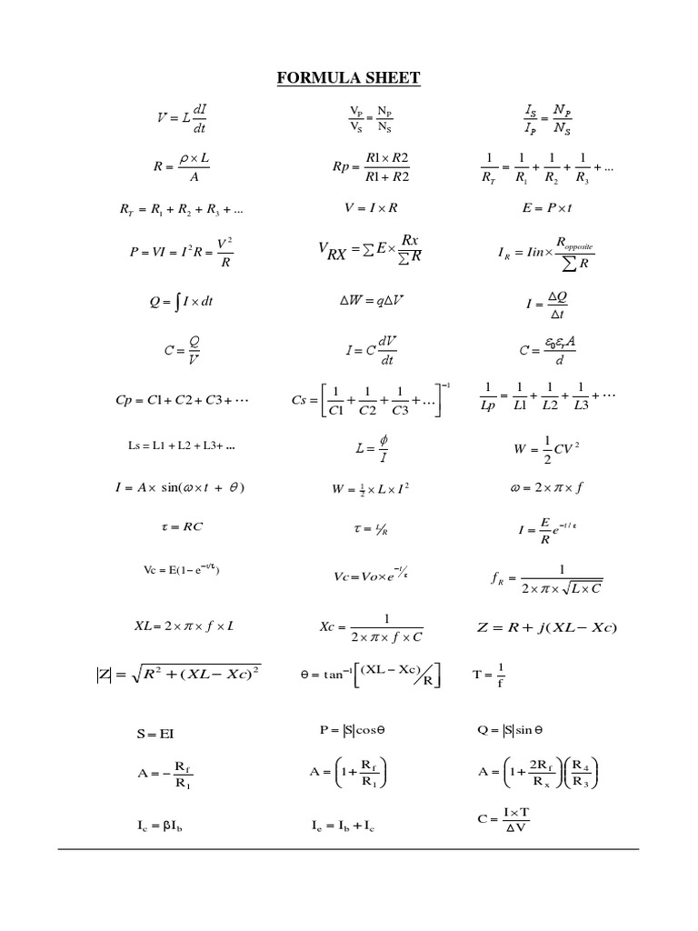 Electronics Formula Sheet PDF