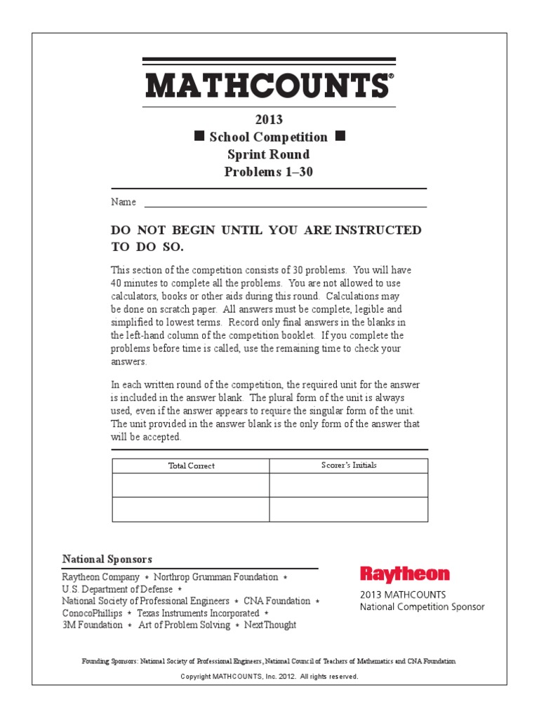 2013 MATHCOUNTS School Sprint Round PDF