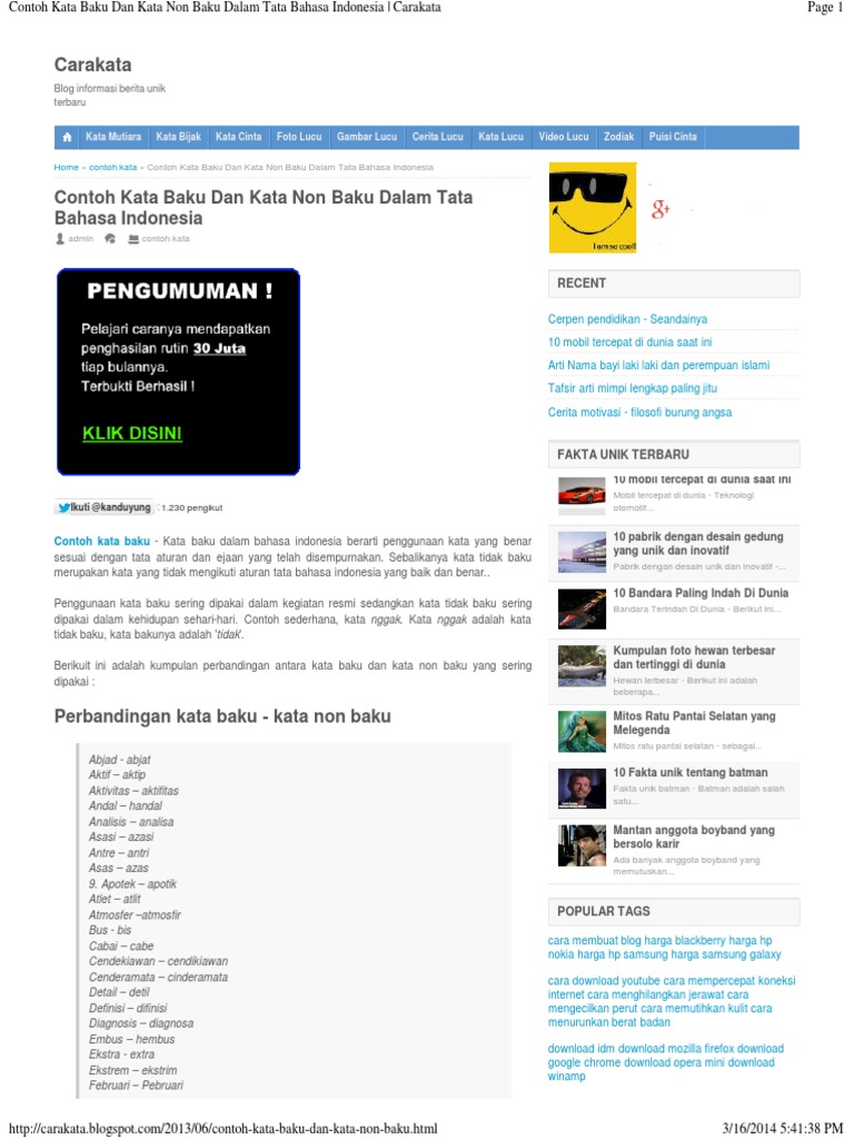 Contoh Kata Baku Dan Kata Non Baku Dalam Tata Bahasa Indonesia