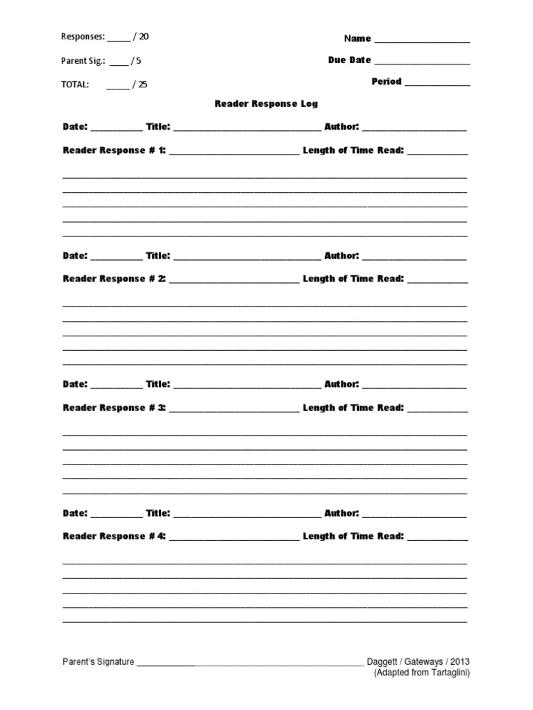Reader Response Log Template | PDF | Social Science