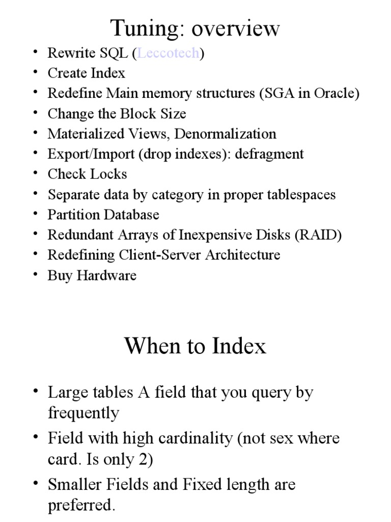 Tuning SQL performance with indexes, partitions and query optimization