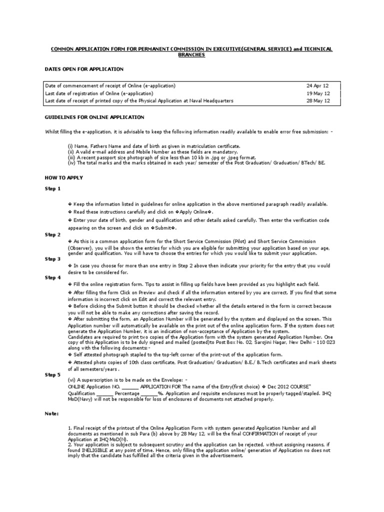 Common Application Form For Permanent Commission in Executive (General