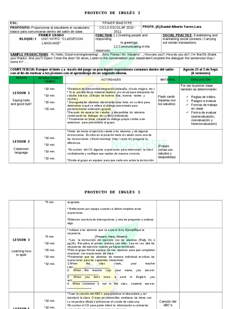 Planeación de inglés primer grado, primera unidad secundaria