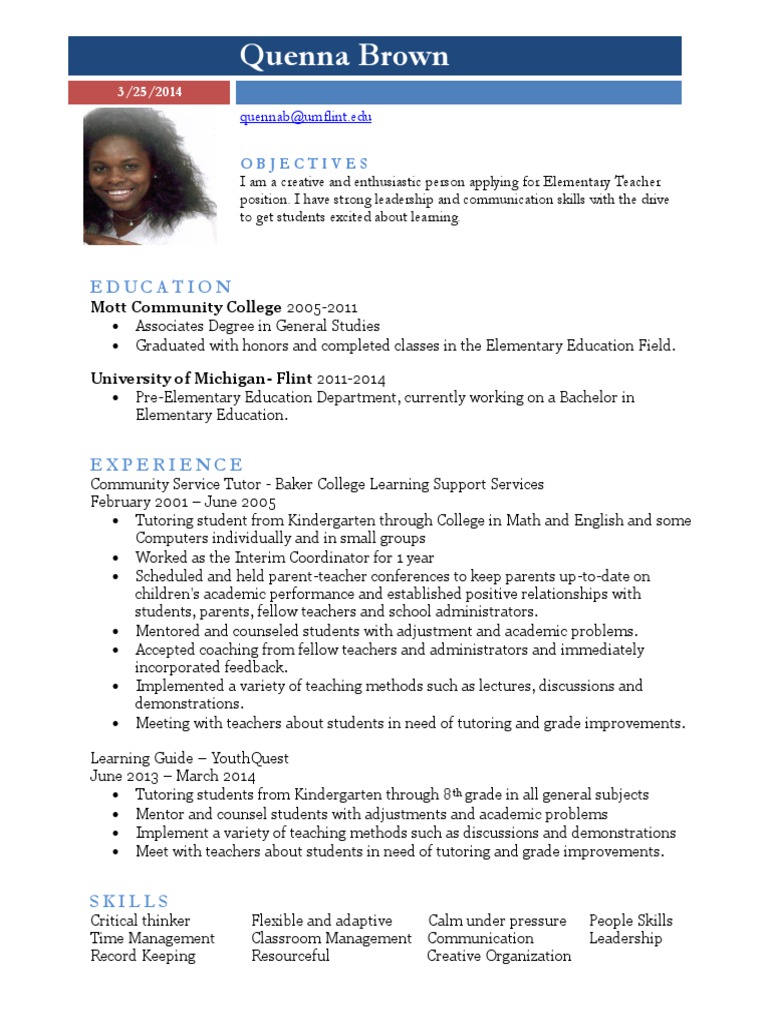 Elementary Education Resume of Quenna Brown | PDF | Career & Growth