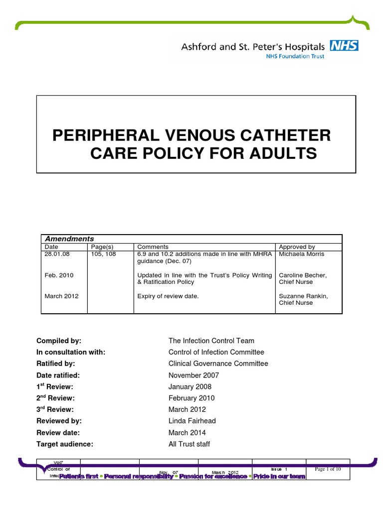 2714 Peripheral Venous Catheter Care Policy For Adults PDF