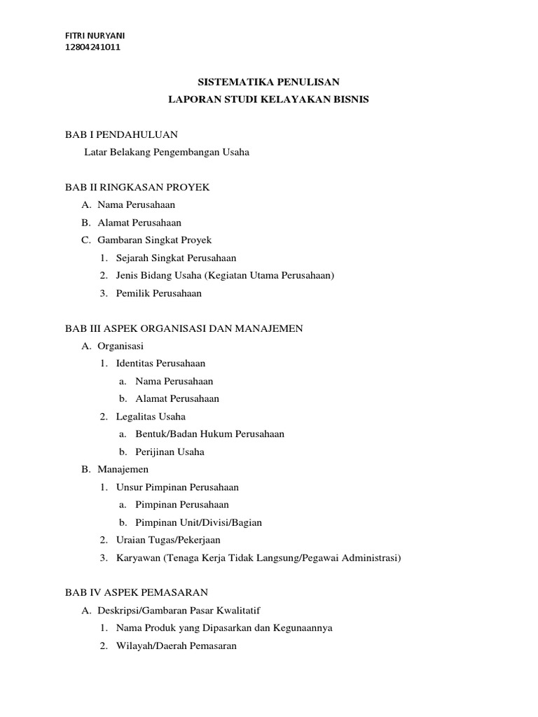 Sistematika Penulisan Studi Kelayakan Bisnis