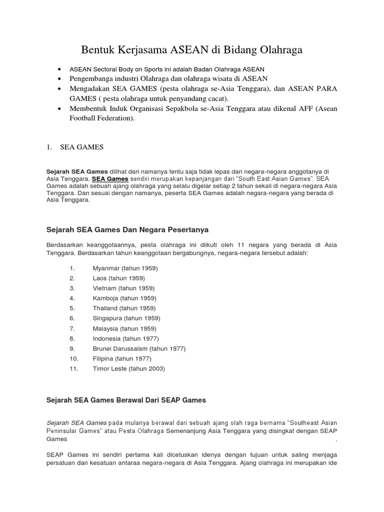 Bentuk Kerjasama Asean Di Bidang Olahraga Pdf