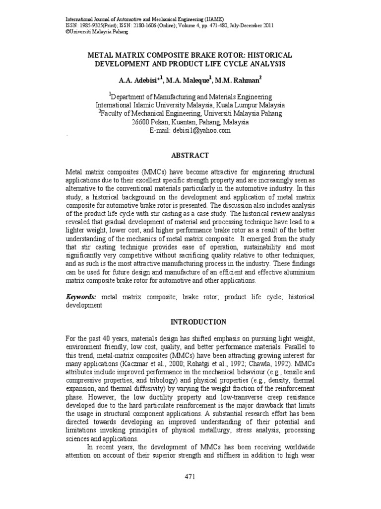 Metal Matrix Composite Brake Rotor Historical | PDF | Composite ...