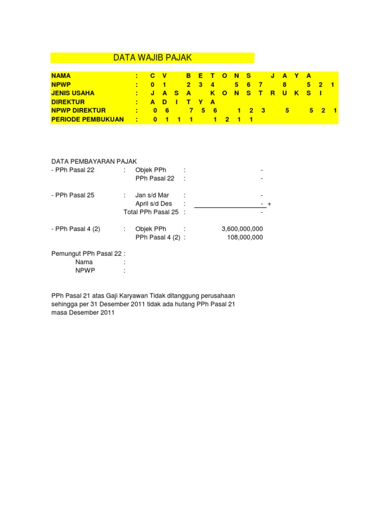 Contoh Pengisian SPT Tahunan PPh Badan 1771 Tahun 2011 