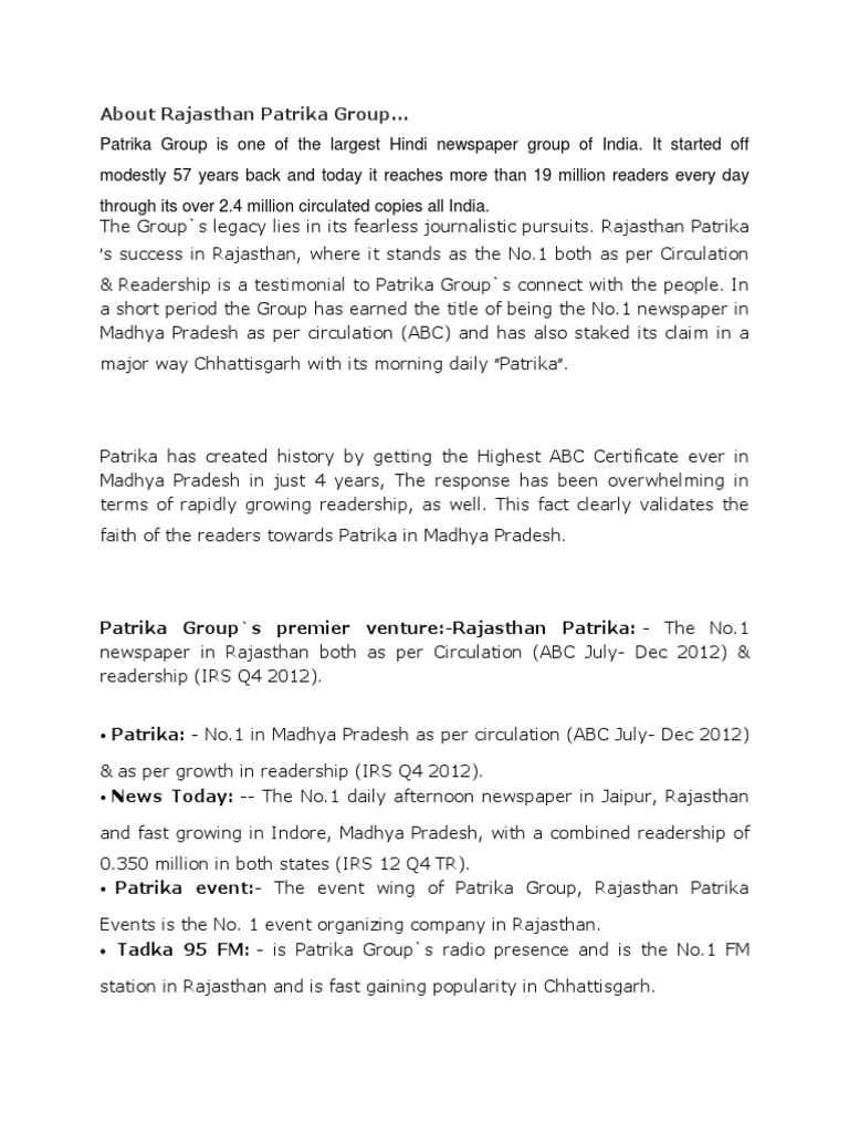 Rajasthan Patrika Details PDF Newspapers Newspaper And Magazine