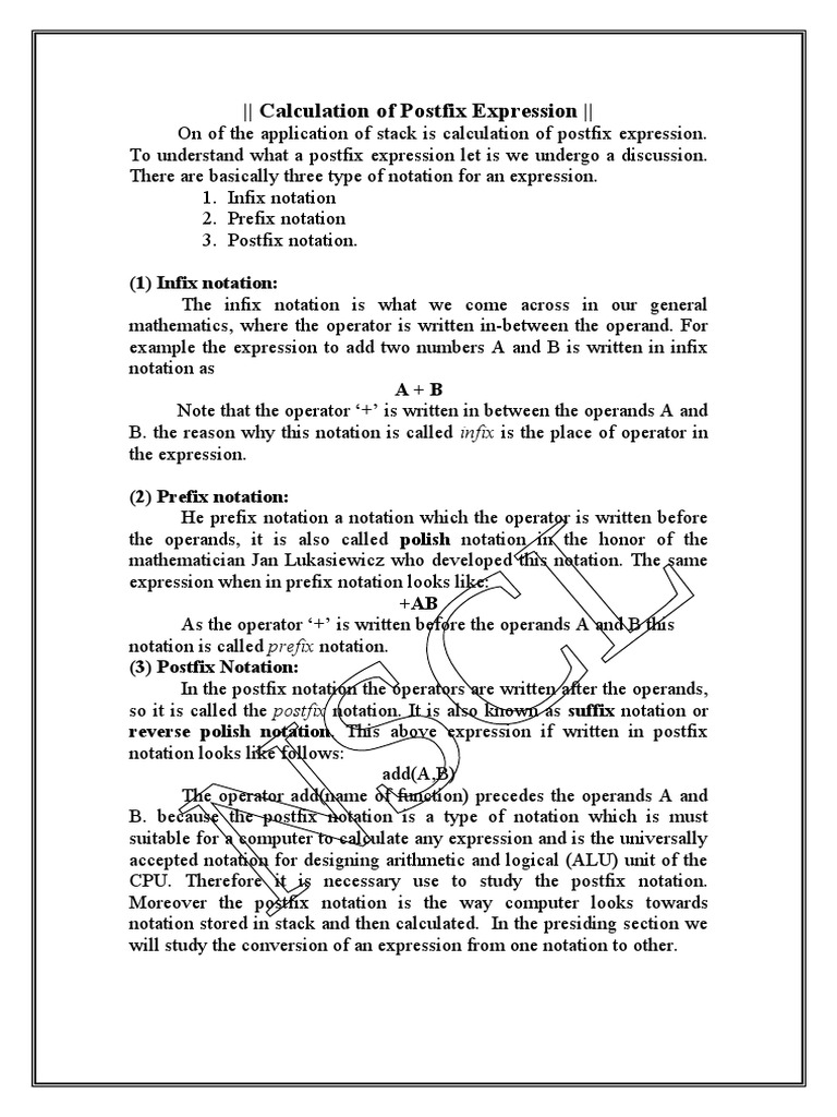 Calculation of Postfix Expression Download Free PDF Mathematical Notation Notation