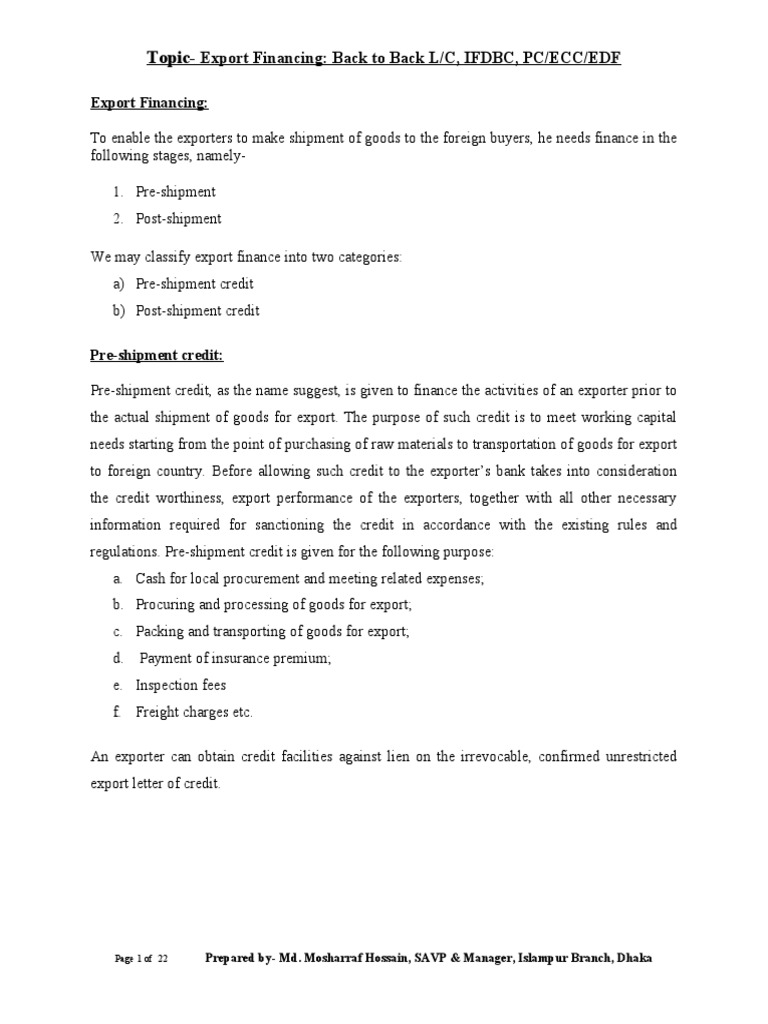 Export Financing BBLC IFDBC PC | PDF | Letter Of Credit | Credit