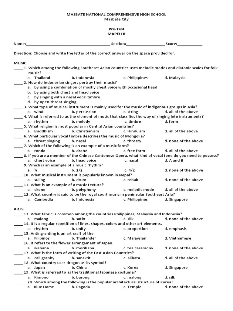 Mapeh II Pre-test | Singing | Alcoholic Drinks