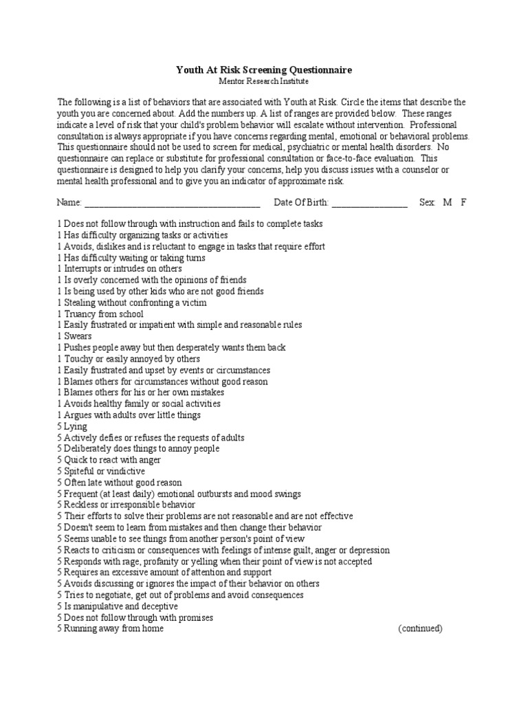Youth at Risk Screening Questionnaire | PDF | Anger | Risk