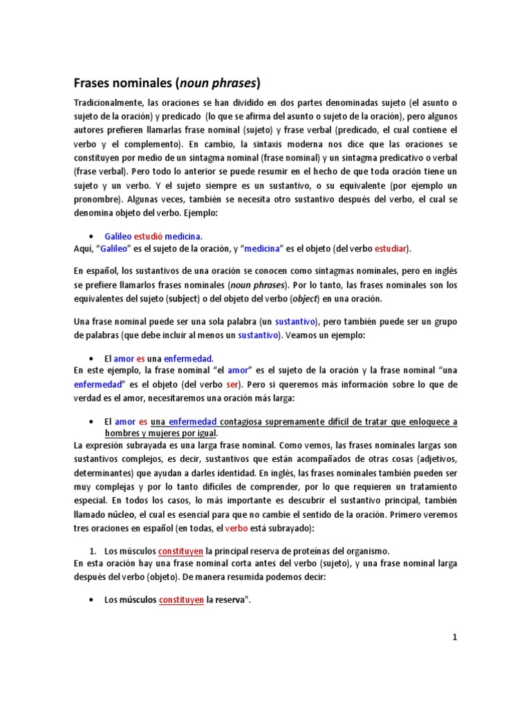 Frases nominales: definición y ejemplos | PDF | Asunto (gramática ...