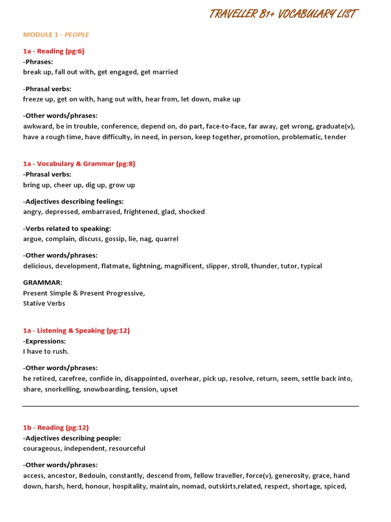 Traveller B1 Vocabulary List 4 Units Phrase Vocabulary Prueba 