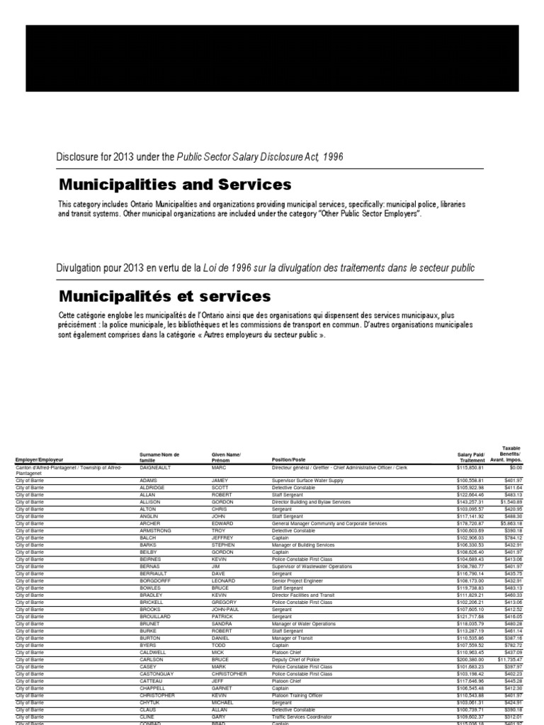 Ontario Sunshine List Municipalities and Services PDF Sergeant