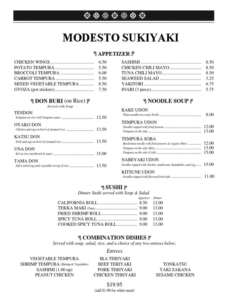 Modesto Sukiyaki Dinner Menu | PDF | Japanese Cuisine | Sushi