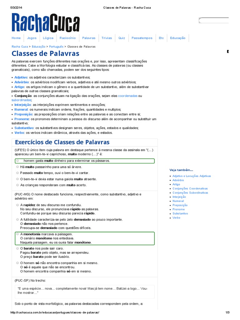 Classes de Palavras - Racha Cuca RESPOSTA, PDF, Pronome