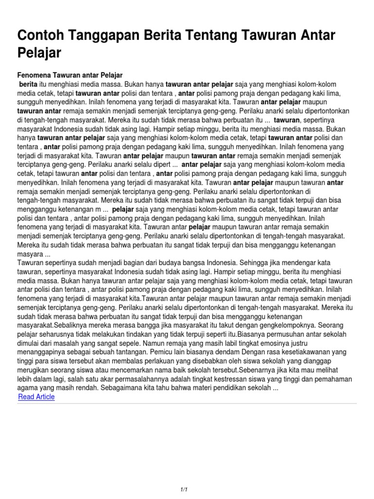 Contoh Tanggapan Berita Tentang Tawuran Antar Pelajar