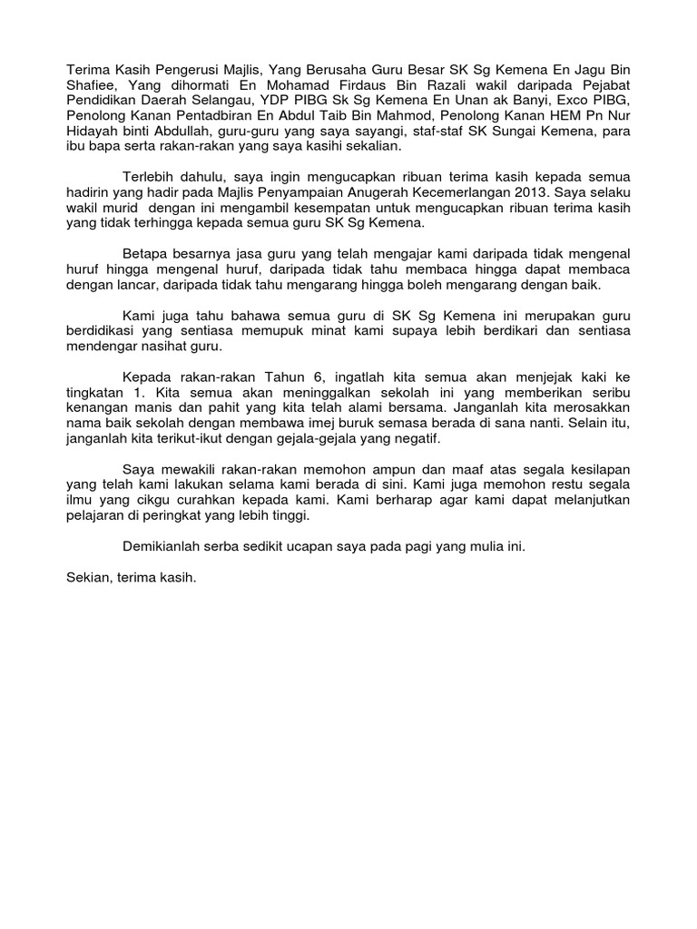 Ucapan Wakil Murid Pdf