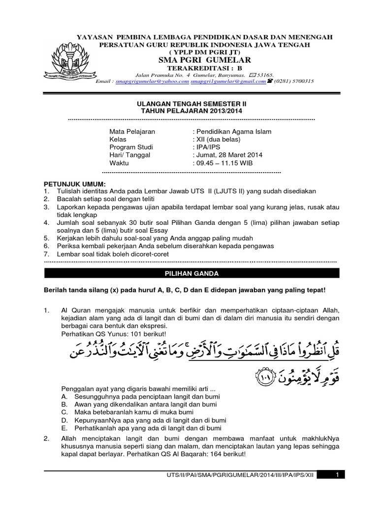 Soal Uts Pai Kls 12 Smk Semester 1 Doc