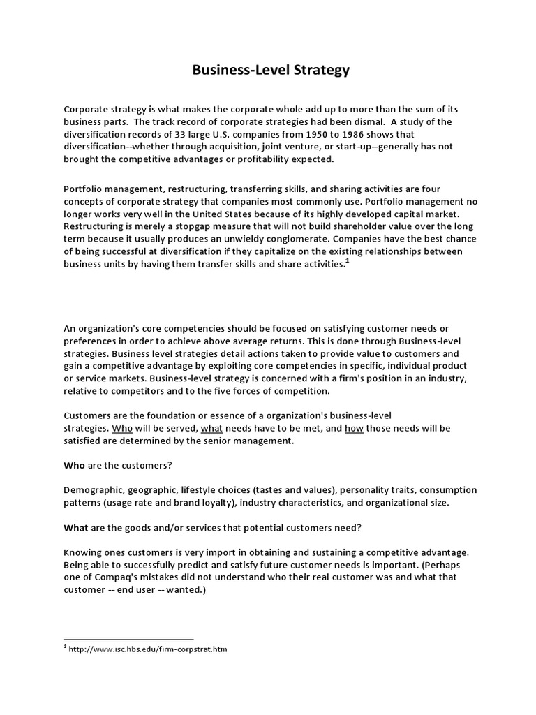 Business-Level Strategy Overview | PDF | Strategic Management | Mergers ...