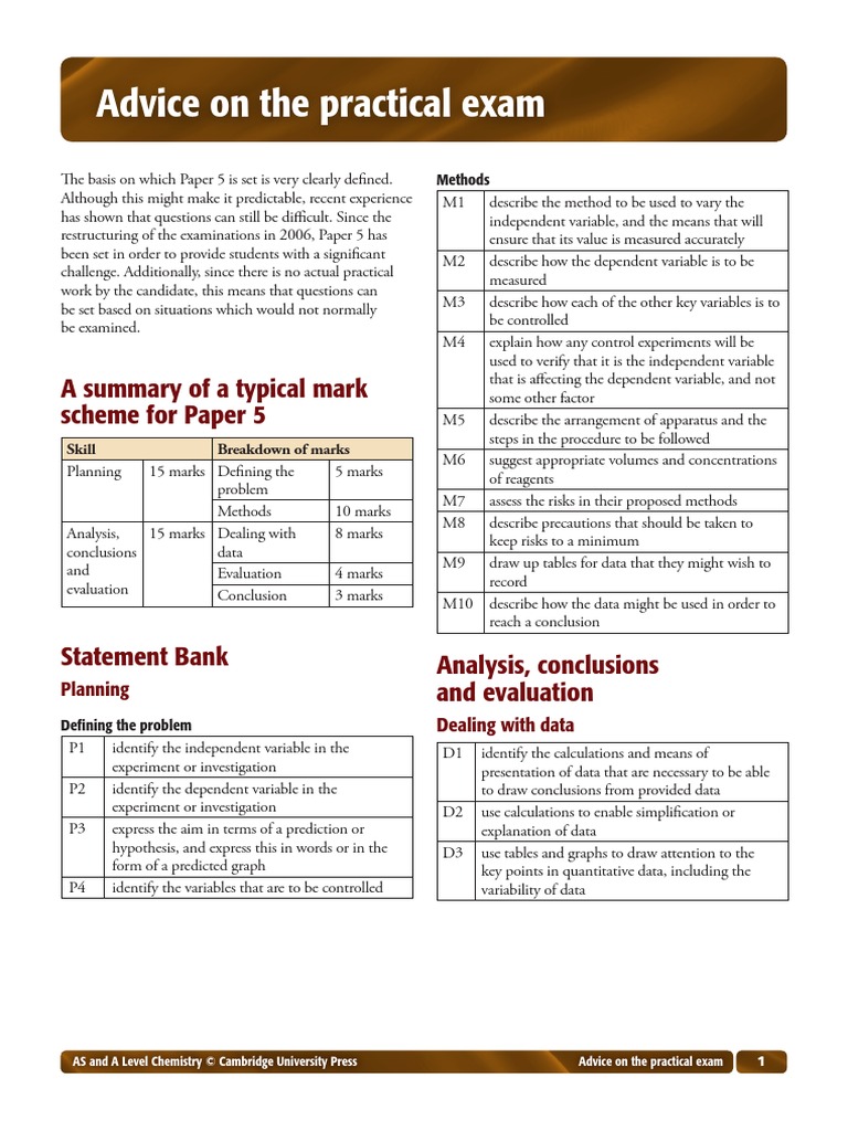 Advice On The Practical Exam: A Summary of A Typical Mark Scheme For ...