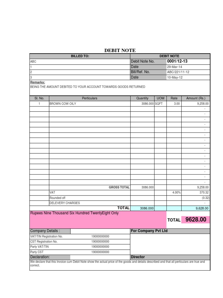 Debit Note Format and Sample Details | PDF | Value Added Tax | Rupee