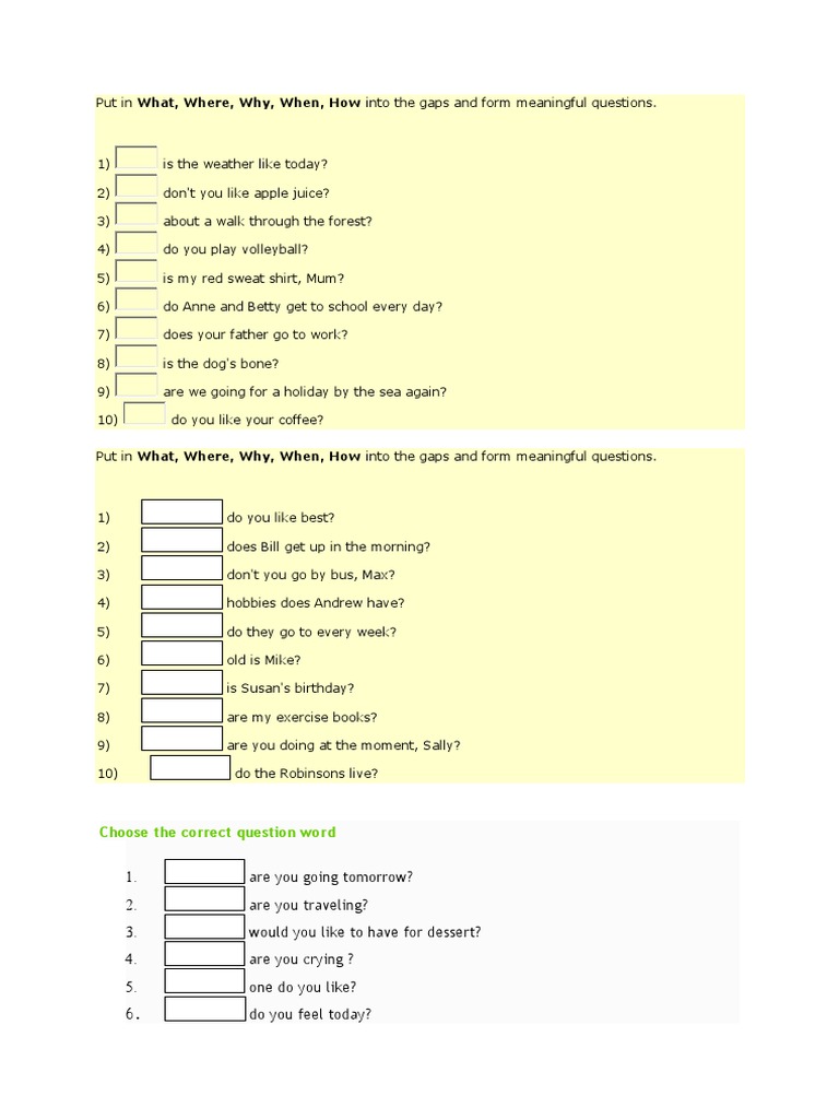 Question Words HW | PDF
