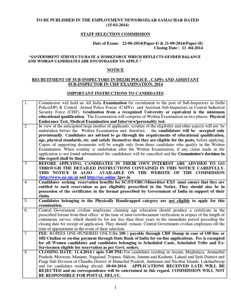 SSC CPO Notification PDF Test Assessment Circle