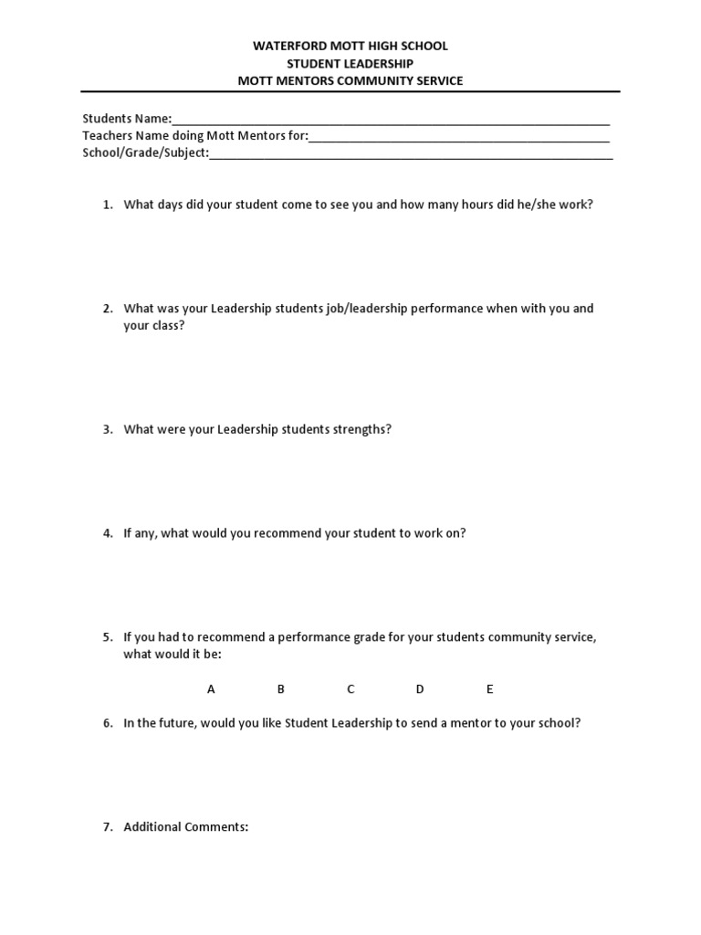 Mott Mentors Teacher Service Sheet | PDF