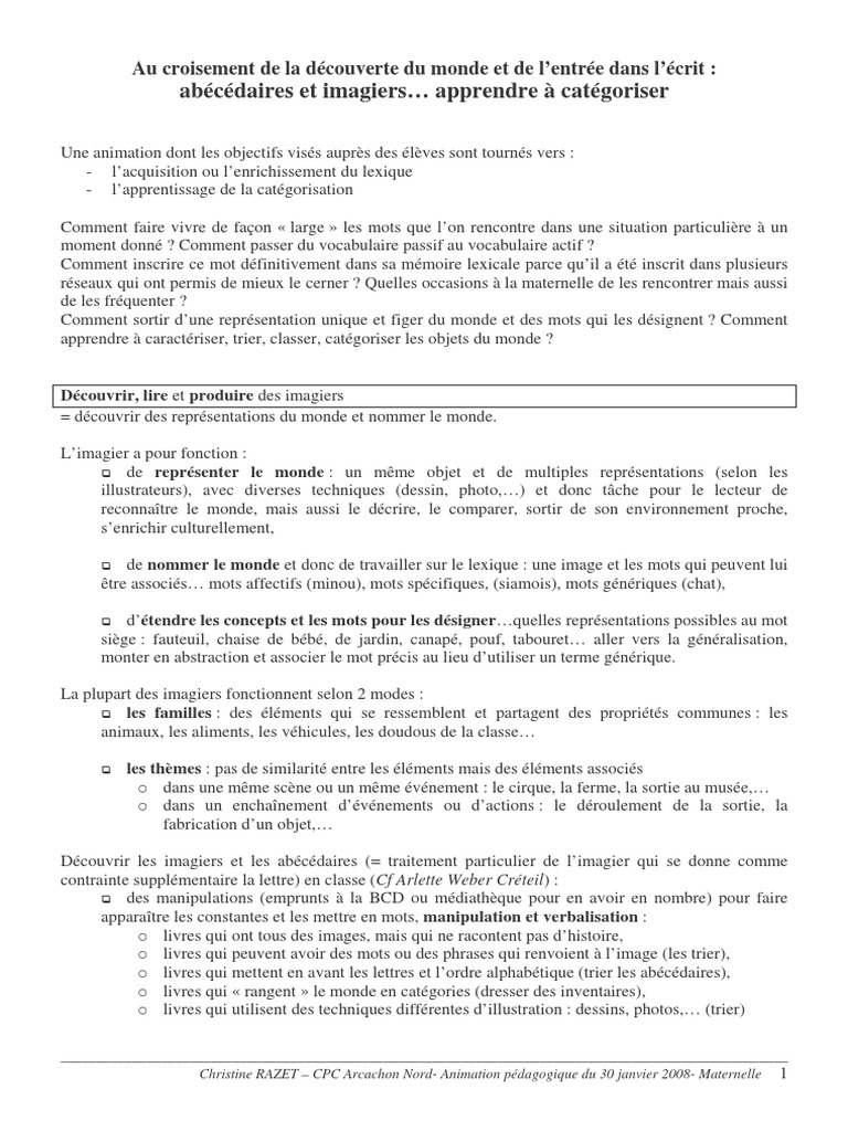Abecedaires Et Imagiers Apprendre A Categoriser Au Croisement De La Decouverte Du Monde Et De L Entree Dans L Ecrit Lecture Processus Apprentissage