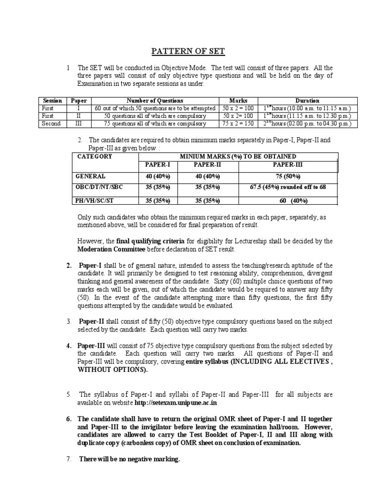 Pattern of Set The Syllabus of PaperI and Syllabi of PaperII and