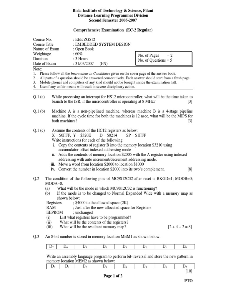 Question Paper of BITS Pilani WILP - 2007 | Microcontroller | Input/Output
