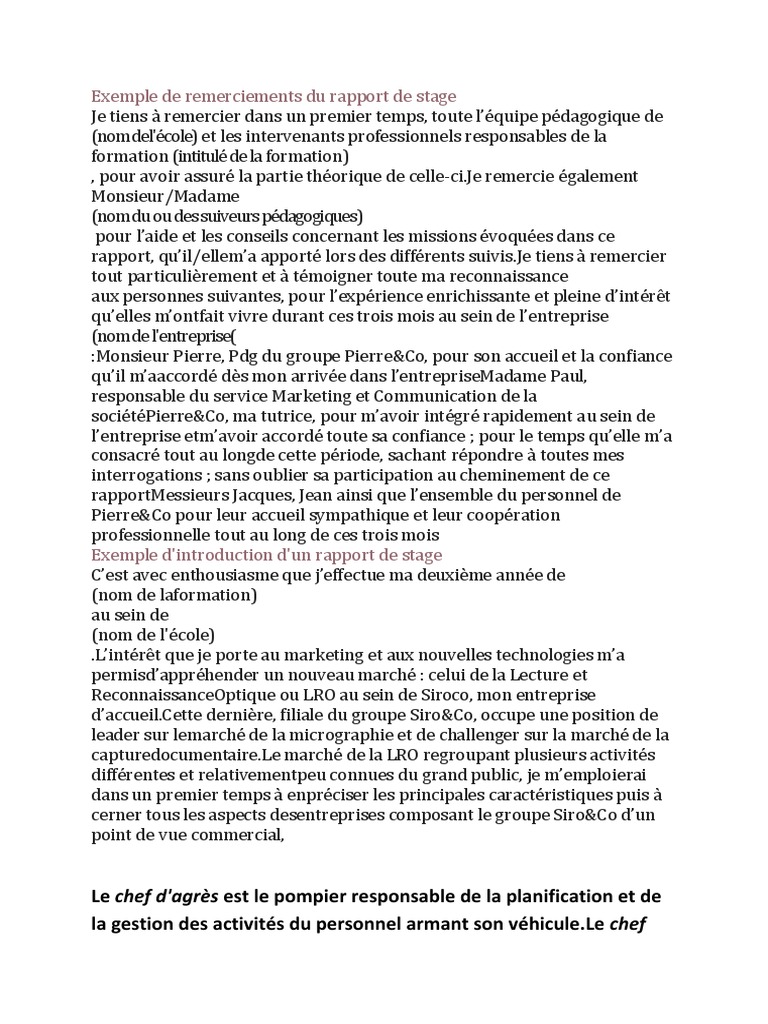 Exemple De Remerciements Du Rapport De Stage Pdf