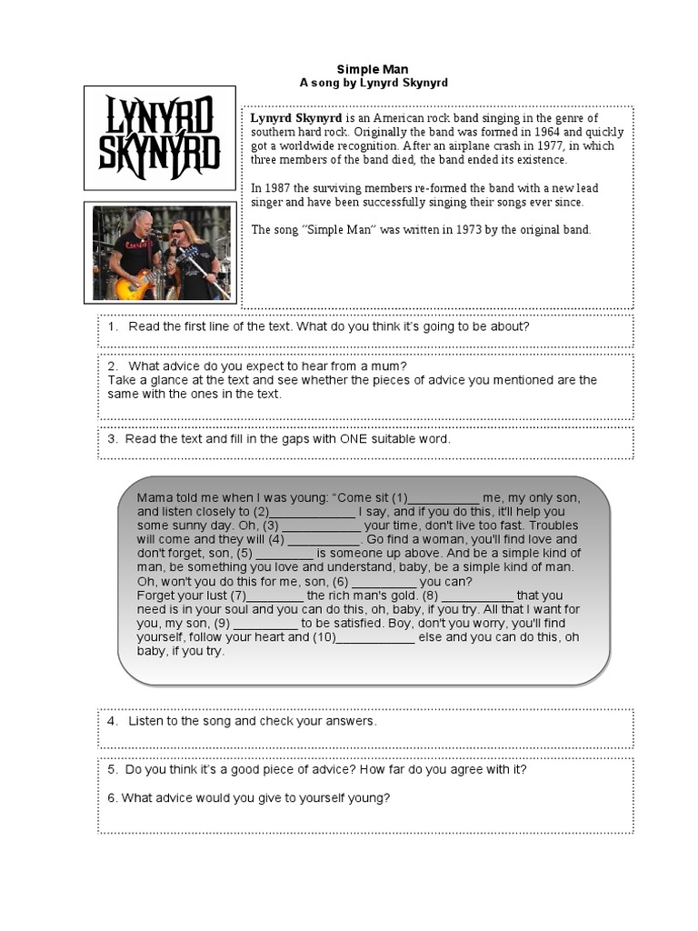 Simple Man - Lynyrd Skynyrd. Open Cloze | PDF | Leisure | Entertainment ...