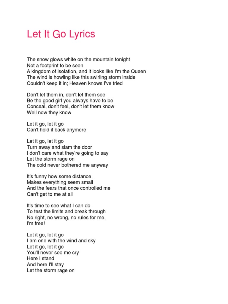 Let It Go Lyrics PDF Entertainment (General) Leisure