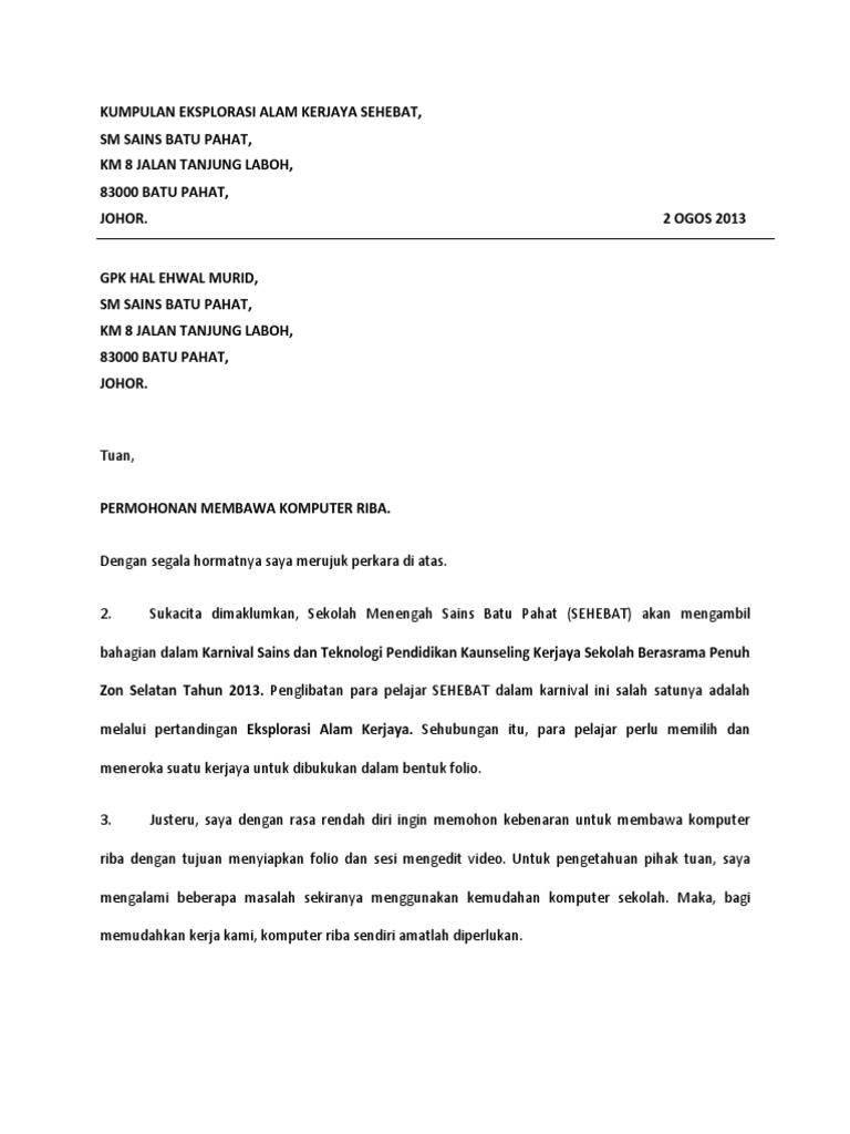 Surat Rasmi Permohonan Asrama - Malacca w