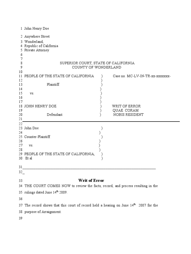 Writ of Error Example Coram Nobis Plea