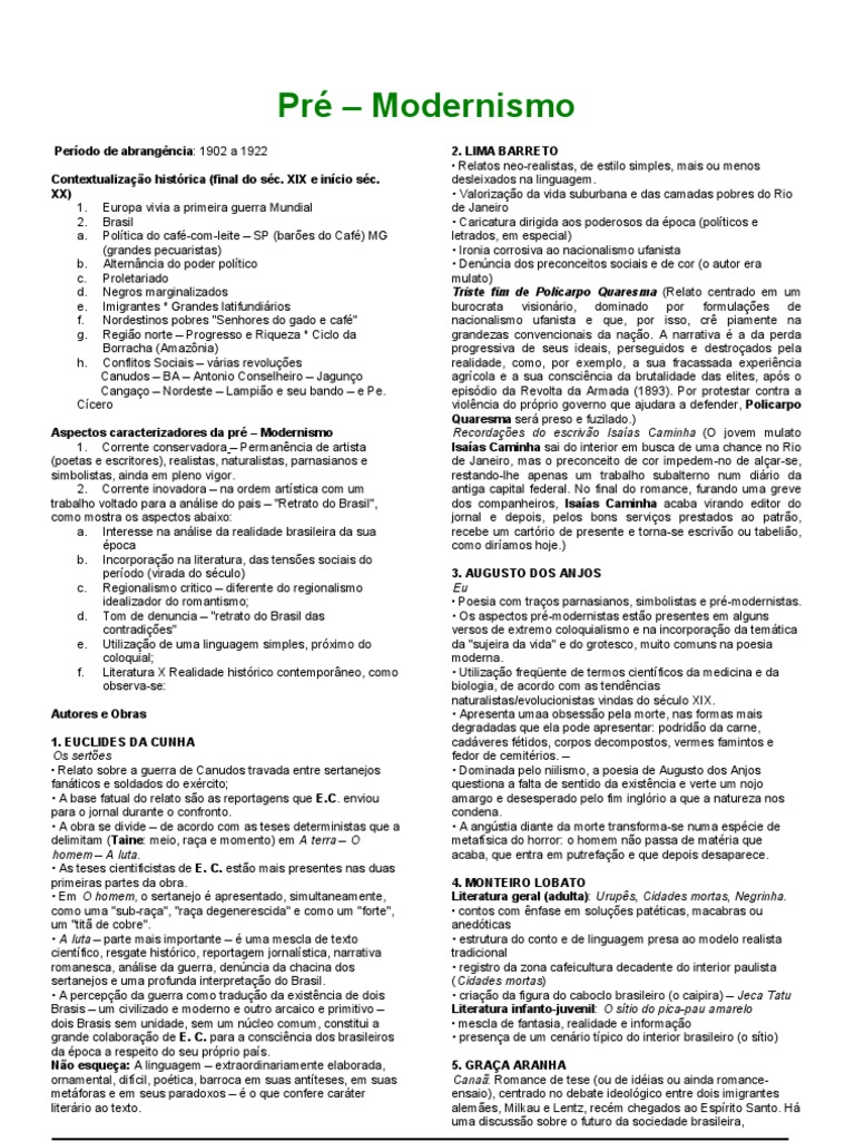Exercício Sobre O Pré Modernismo No Brasil