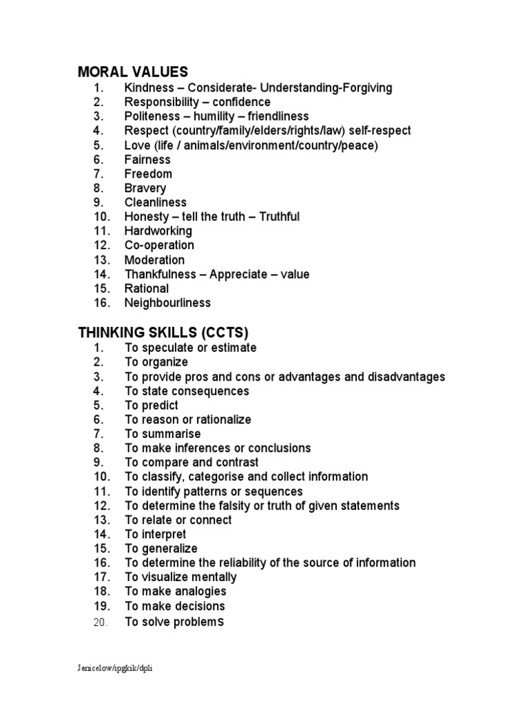 Essential Moral Values and Thinking Skills | PDF